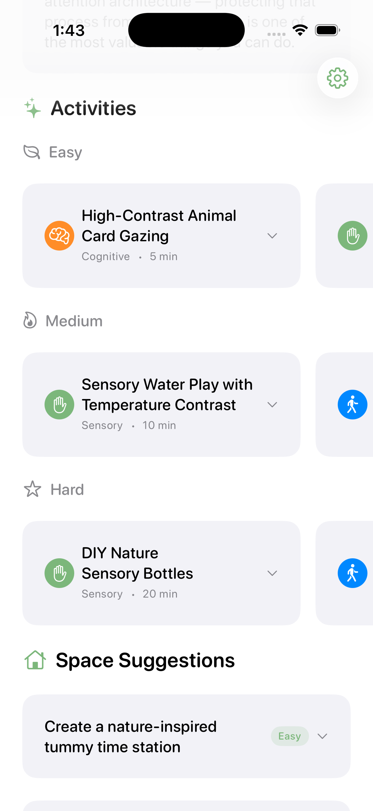 Sprout app — activities organized by difficulty with sensory, cognitive, and motor categories