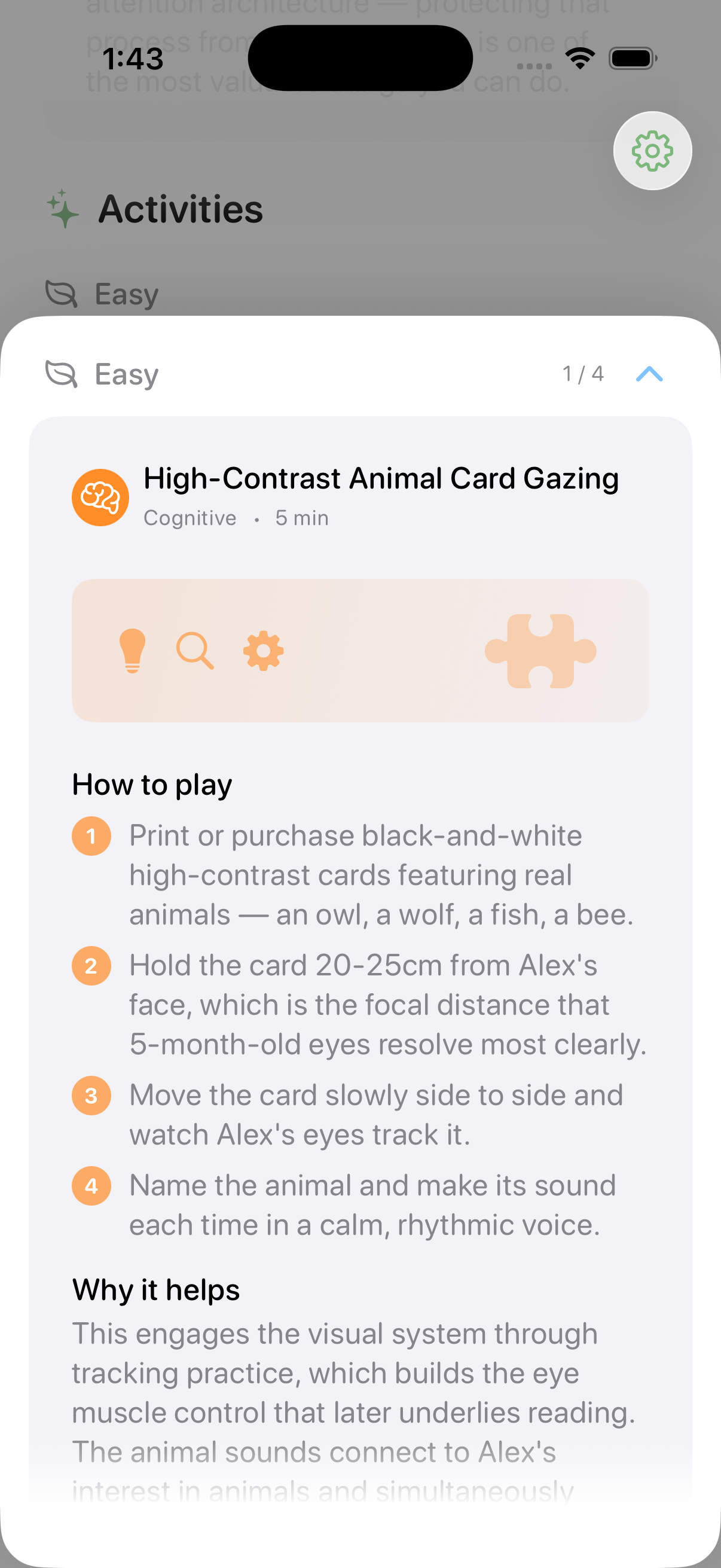 Sprout app — activity detail with step-by-step instructions and developmental explanation